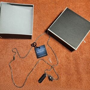Creed stainless steel necklace with skull and dog tag pendants , 26" chain.